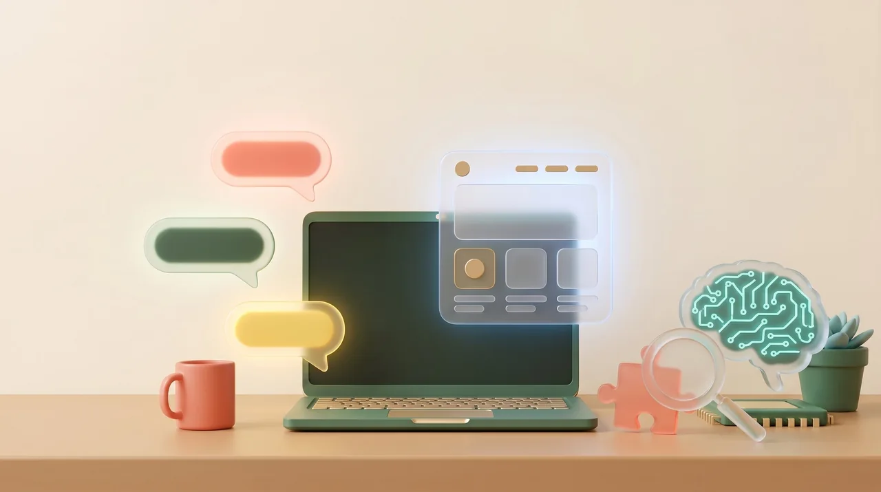 A laptop and a glowing glass brain beside a plant and message bubbles