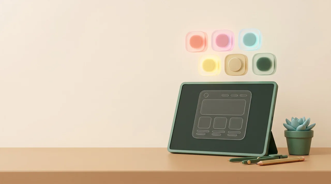 A project wireframe on a laptop, pencils and glass colour swatches