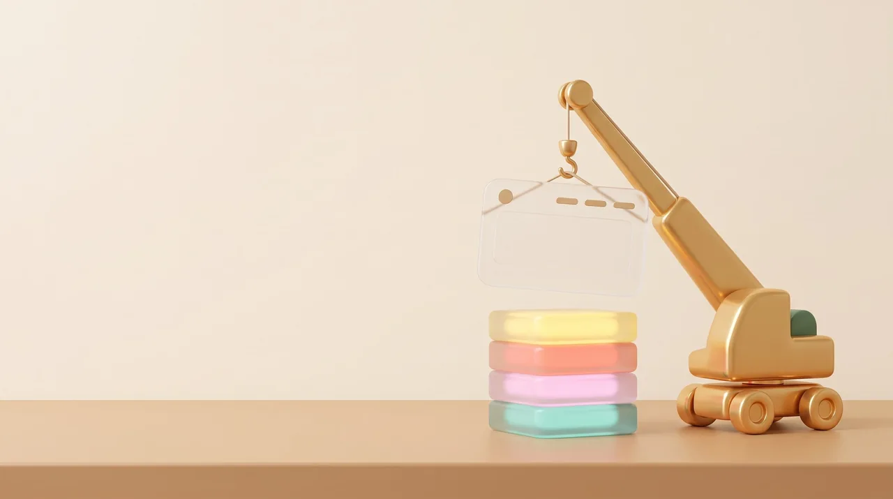 A gold crane building with colourful translucent blocks
