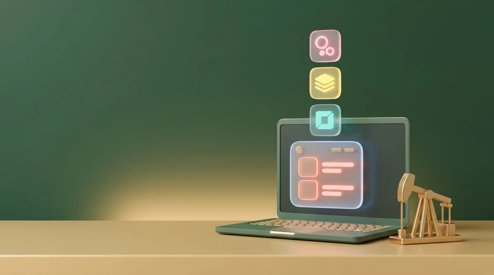 A laptop with glowing glass website blocks and a gold oil pumpjack