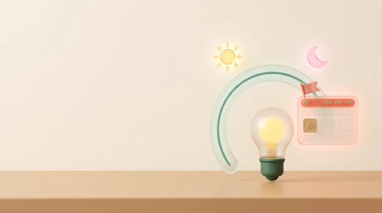 A glass lightbulb linked to a launched website, with a sun and moon