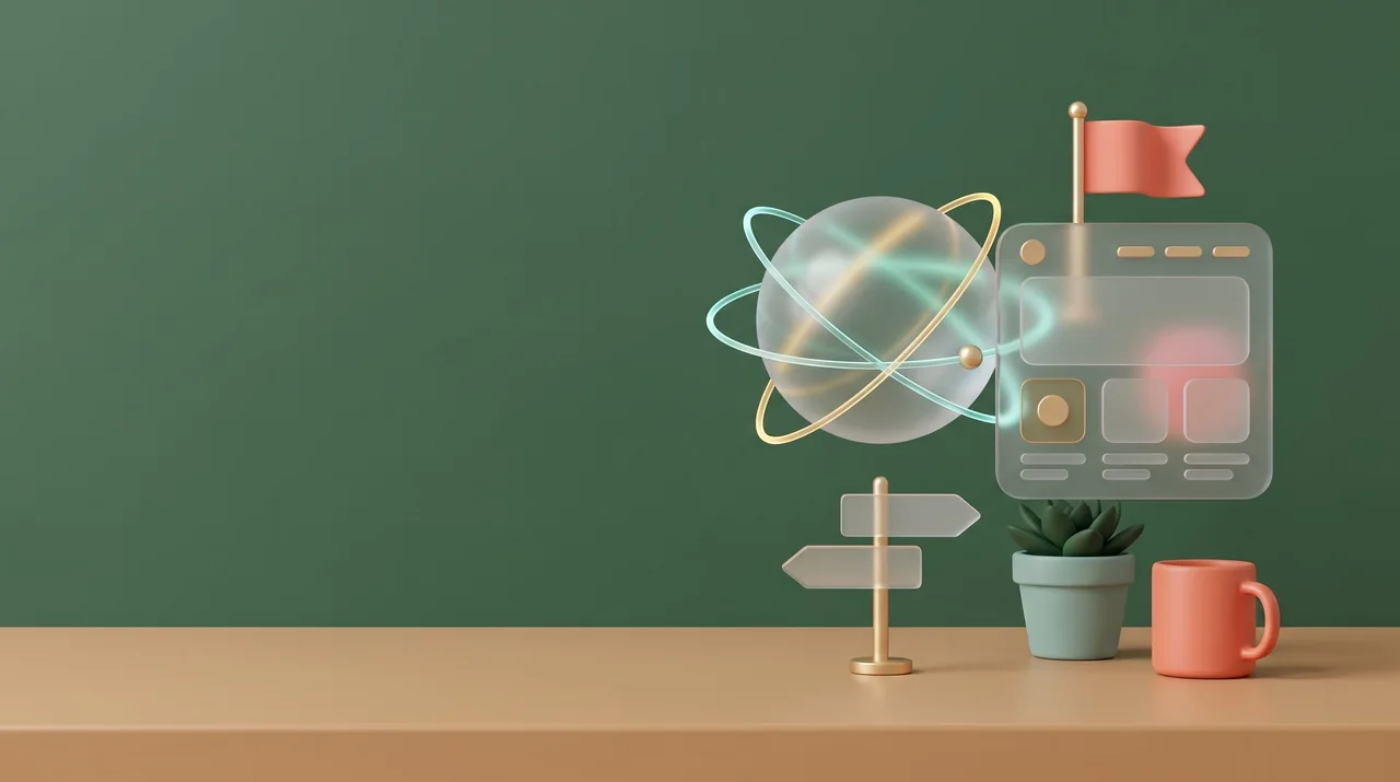 A launched glass website, orbiting shapes and a flag beside a gold signpost