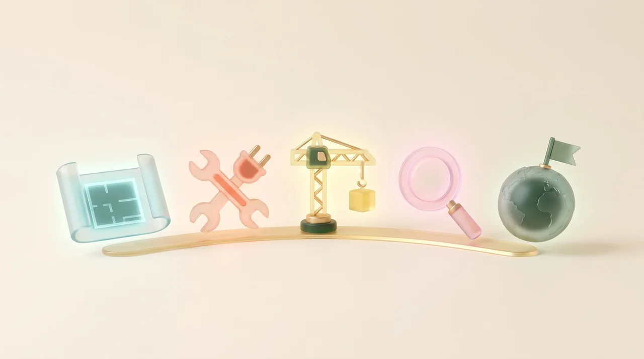 Five glass objects on a gold path: a blueprint, setup tools, crane, magnifier and globe