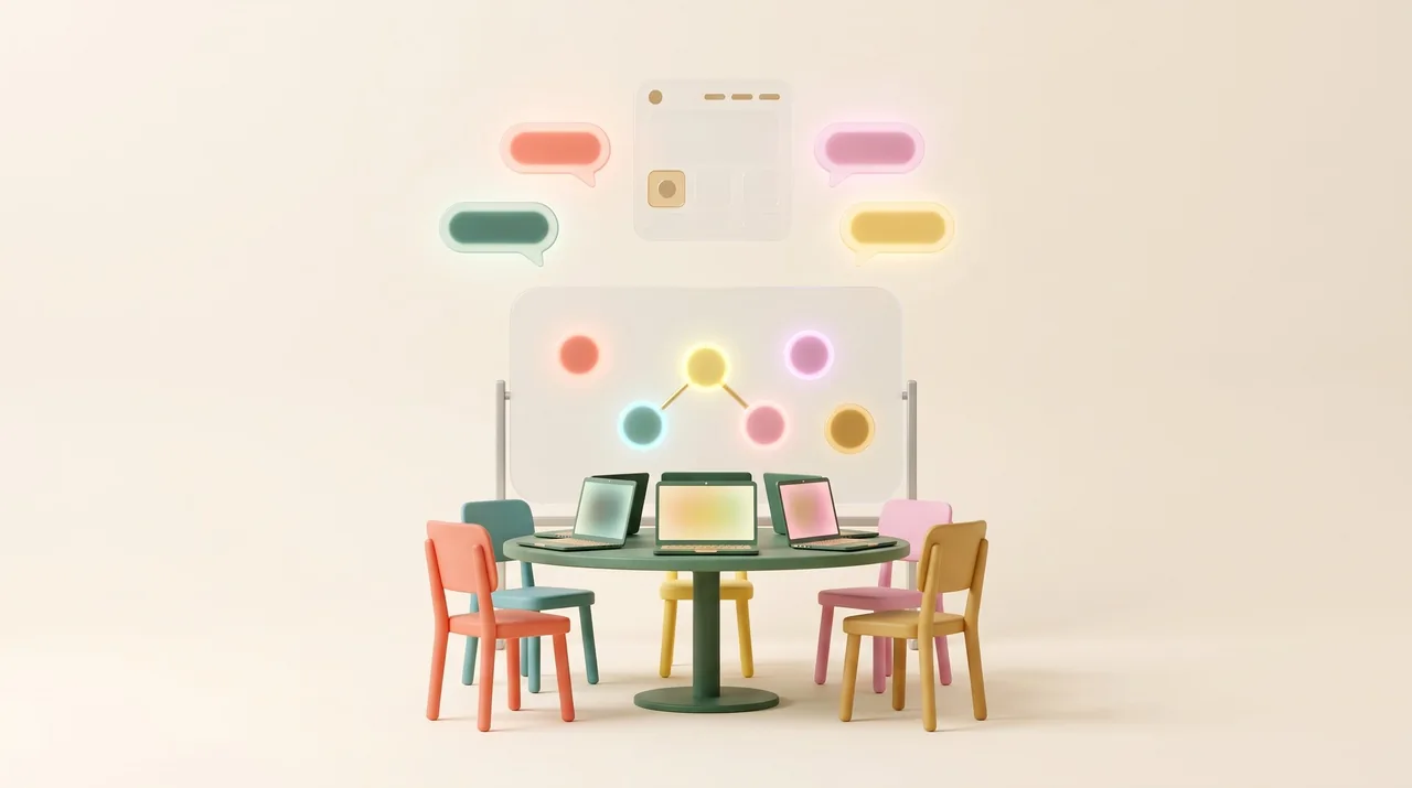 An illustrative small workshop with laptops, colourful chairs and floating glass ideas