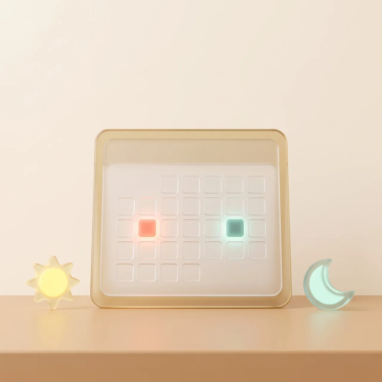 A glowing glass calendar with coloured date blocks