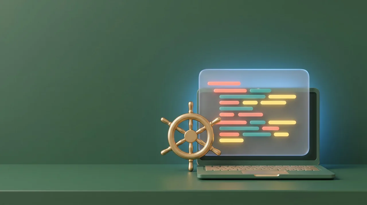 A laptop with colourful code blocks and a gold steering wheel