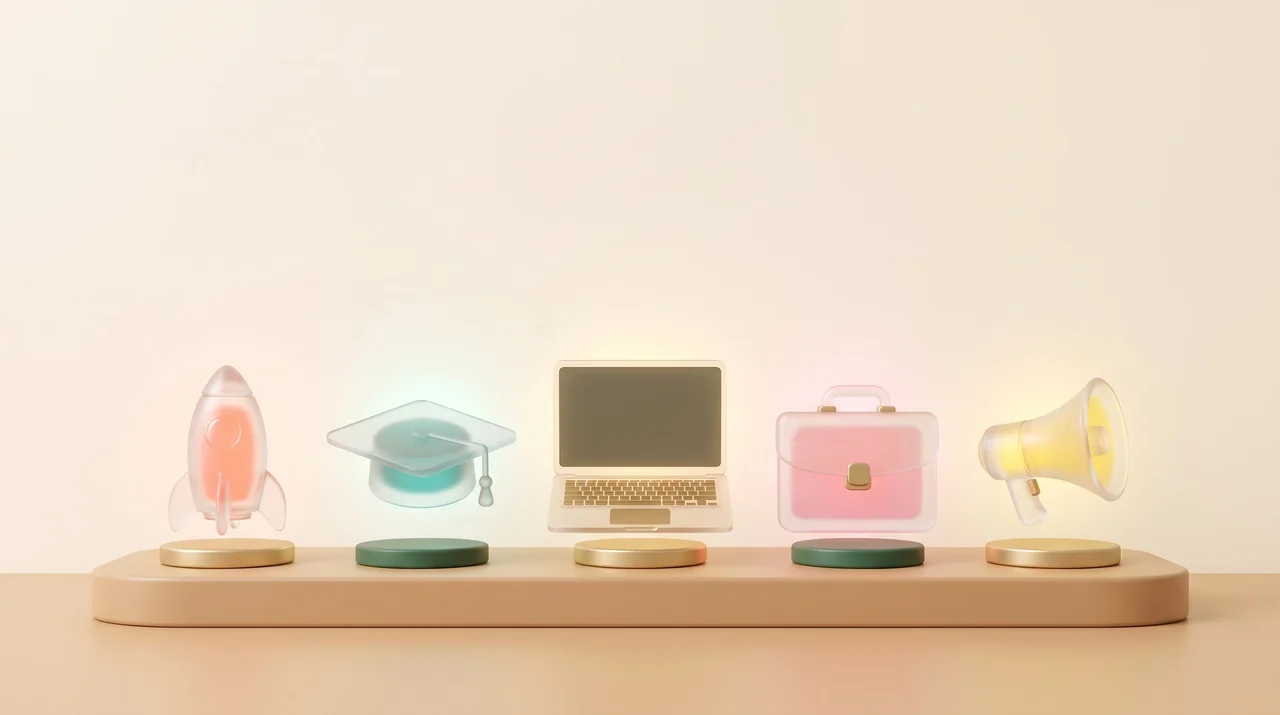 Glass symbols for a founder, student, developer, business owner and creator