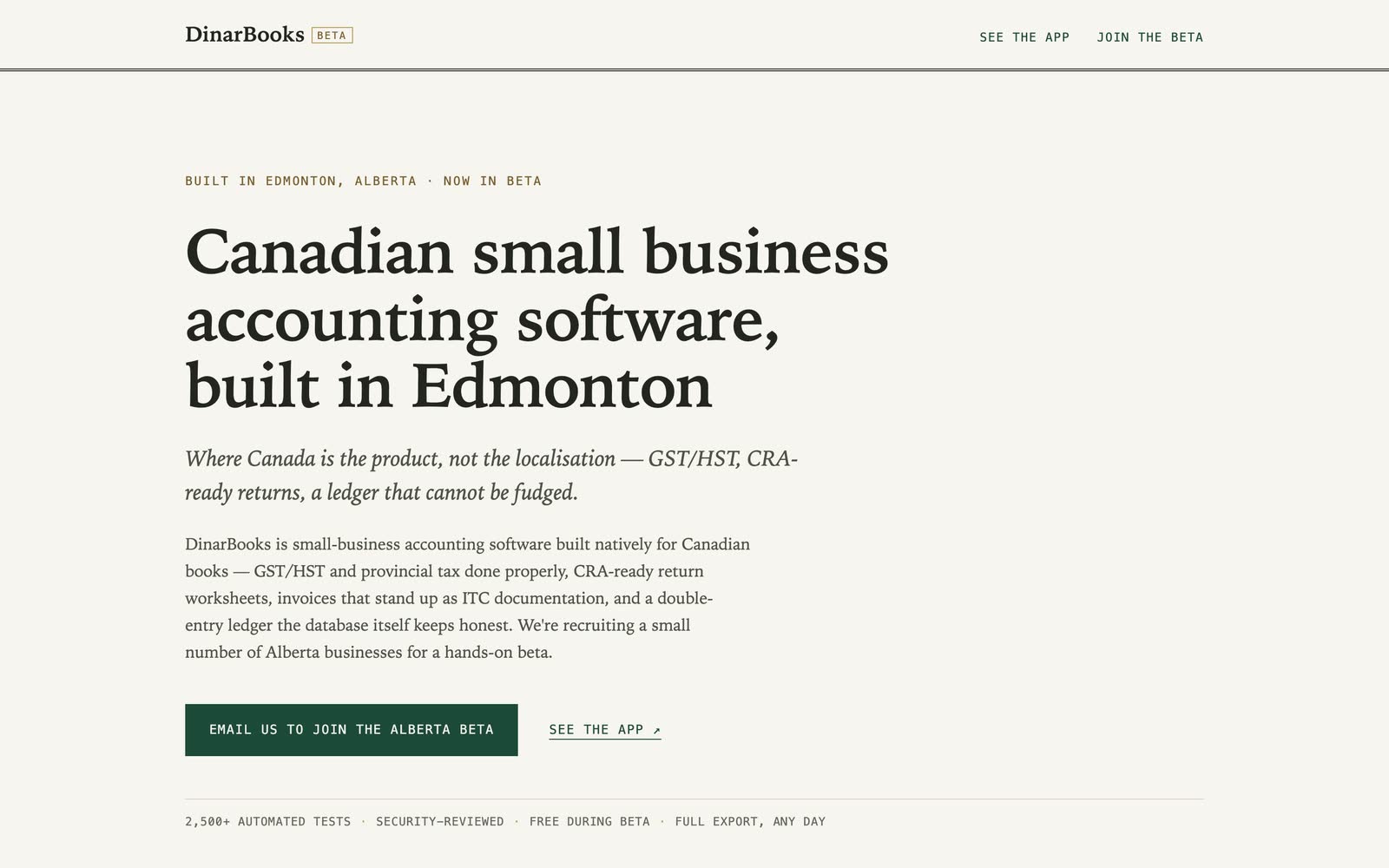 The opening claim, Canadian accounting software built in Edmonton.