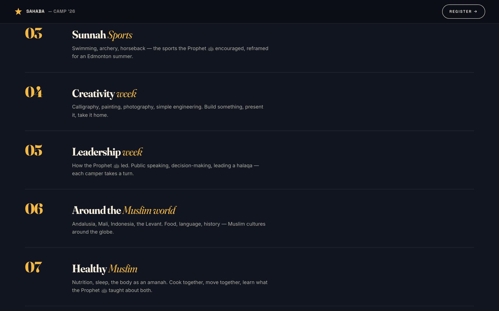 The seven weekly themes, from Sunnah sports to a healthy Muslim.