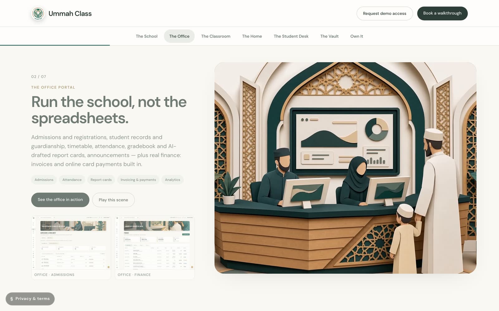 The office portal, with admissions and finance shown side by side.